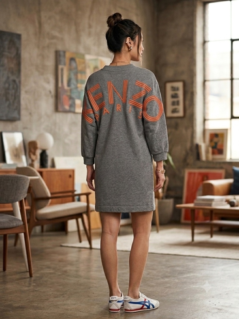 Kenzo Grey Cotton Knit V-Neck Sweatshirt Dress S